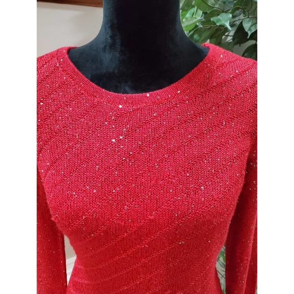 Apt. 9 Womens Red Sparkly Sequin Long Sleeve Crew Neck Sweater Size Small - Picture 4 of 11
